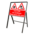 Stanchion Signs | Ice Warning | Caution Ice on Road Conditions Freestanding Stanchion Sign